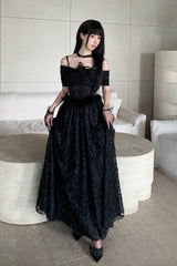 Black [Swan] Off Shoulder Jacquard Embroidered Bow Gothic Lolita Jsk Dress - Product - 3