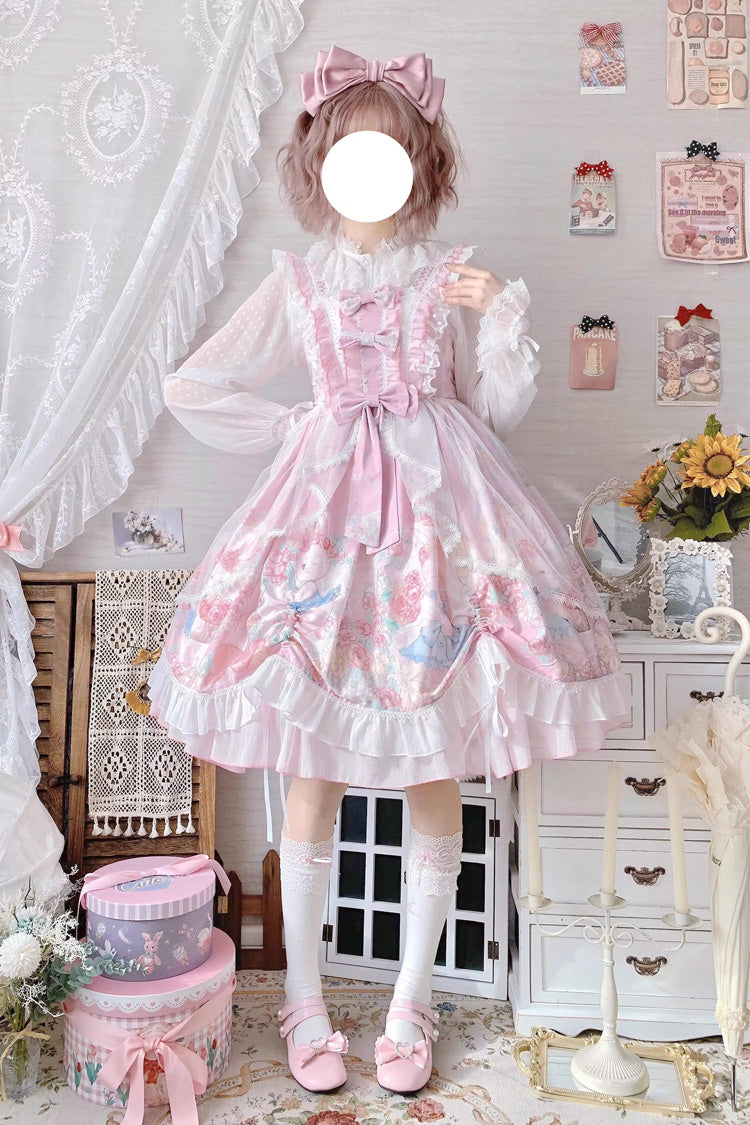 Pink Sleeveless High Waisted Rabbit Print Ruffle Bowknot Sweet Lolita Jsk Dress - Product - 5