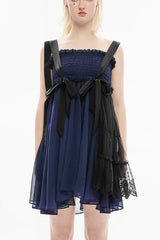 Blue Strap Big Bow Streamer Super Cool Stitching Lace Suspender Women's Gothic Dress - Blue - 1