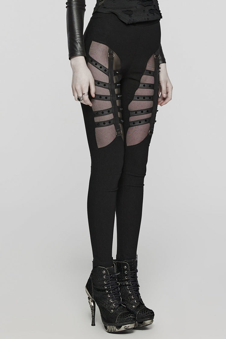 Black Hollow Lace-Up Mesh Metal Rivets Women's Steampunk Leggings - Product - 2