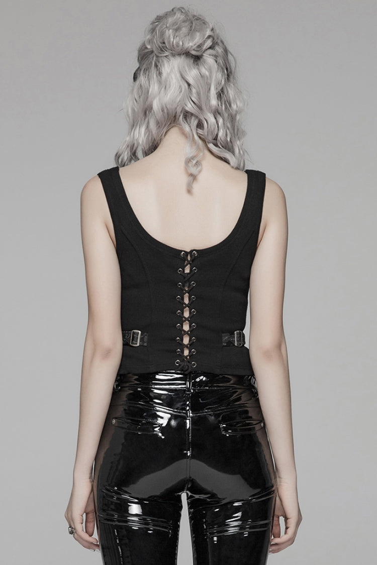 Steampunk Sleeveless Jacquard Print Metal Buckle Strap Metal Zipper Hollow Lace-Up Women's Vest 4 Colors - Product - 3