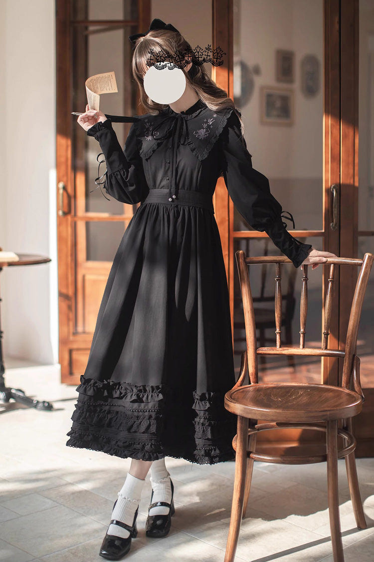 Black [Wind Kissed Tulips] Long Sleeves Ruffle Embroidery Bowknot Gothic Vintage Elegant Lolita Dress - Black - 1