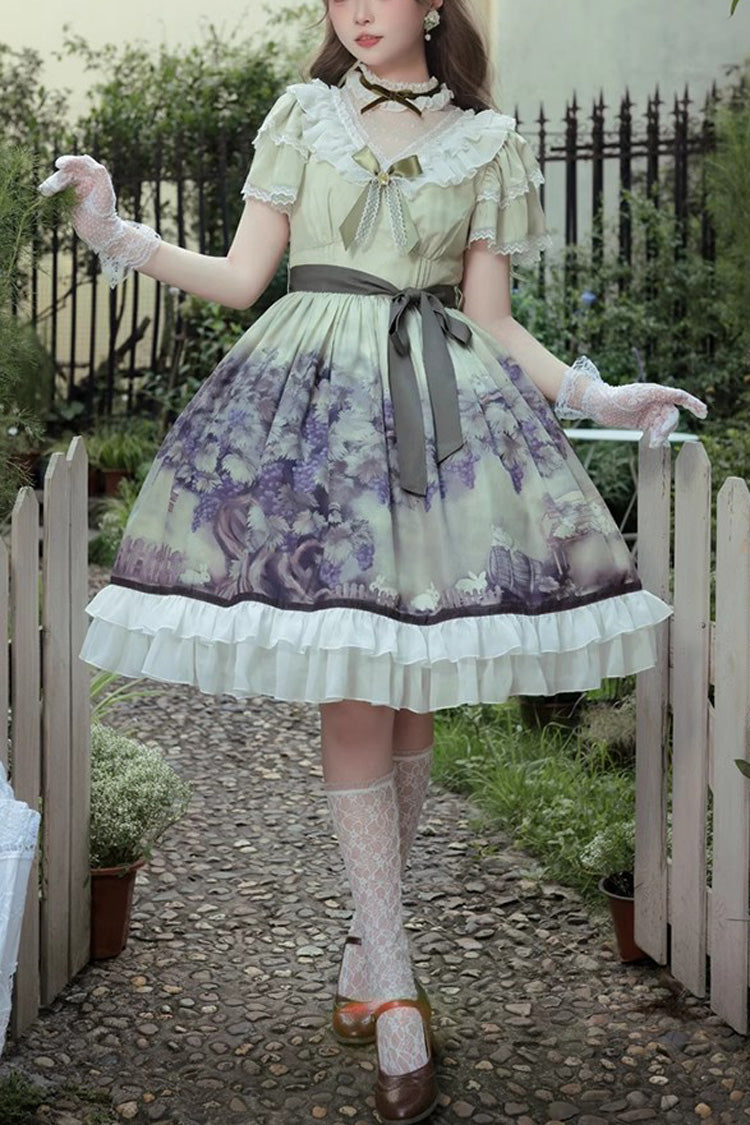 Multi-Color Short Sleeves Vineyard Print Ruffle Bowknot Sweet Princess Lolita Dress - Multi-Color - 1