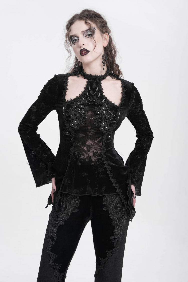 Black Halterneck Long Trumpet Sleeves Jacquard Embroidery Women's Gothic Blouse - Black - 1