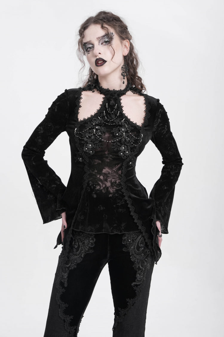 Black Halterneck Long Trumpet Sleeves Jacquard Embroidery Women's Gothic Blouse - Black - 1