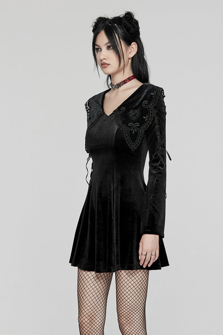 Black Doll Collar Long Sleeves Gradient Embroidery Women's Gothic Prom Dress - Product - 2