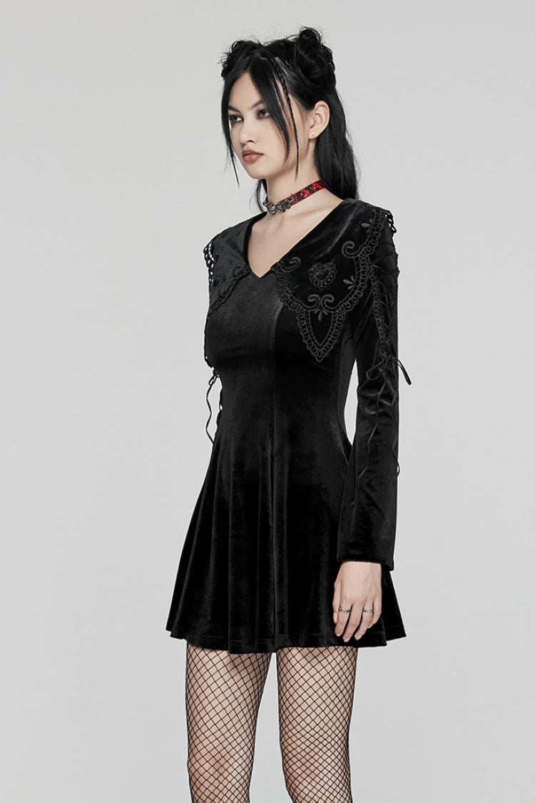 Black Doll Collar Long Sleeves Gradient Embroidery Women's Gothic Prom Dress - Product - 2