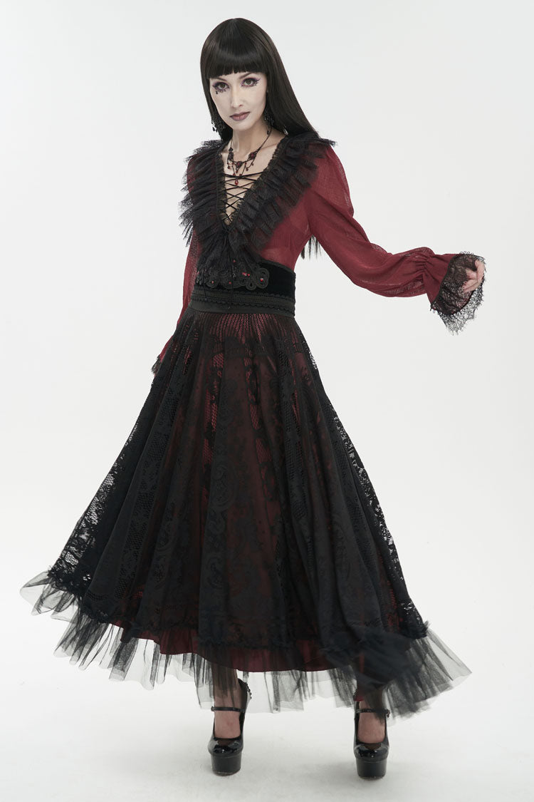 Red Thin Waist Plaid Stitching Layered Lace Long Sleeves Women's Gothic Shirt - Product - 3