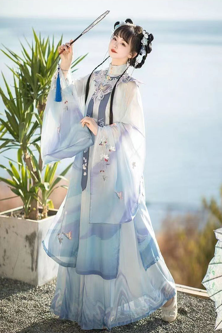 Blue Long Sleeves High Waisted Embroidery Women's Classic Chinese Style Hanfu Dress Full Set - Product - 3
