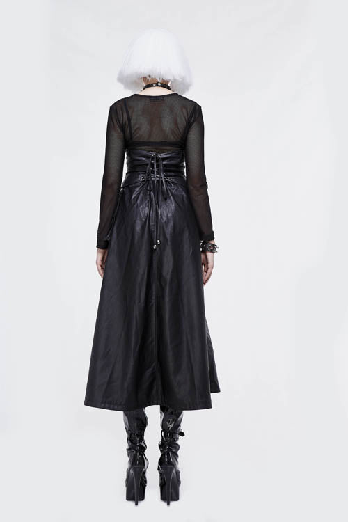 Black Chain Shaped Ribbons Zipper Up Leather Big Swing Punk Womens Half Skirt - Product - 7