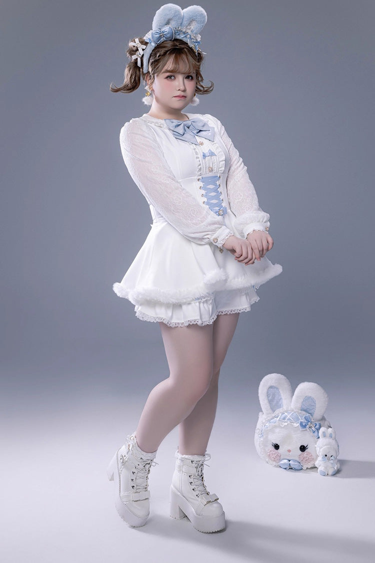 White Long Sleeves Ruffle Bowknot Lace-Up Japanese Jirai Kei Dress Shorts Plush Set - Product - 14