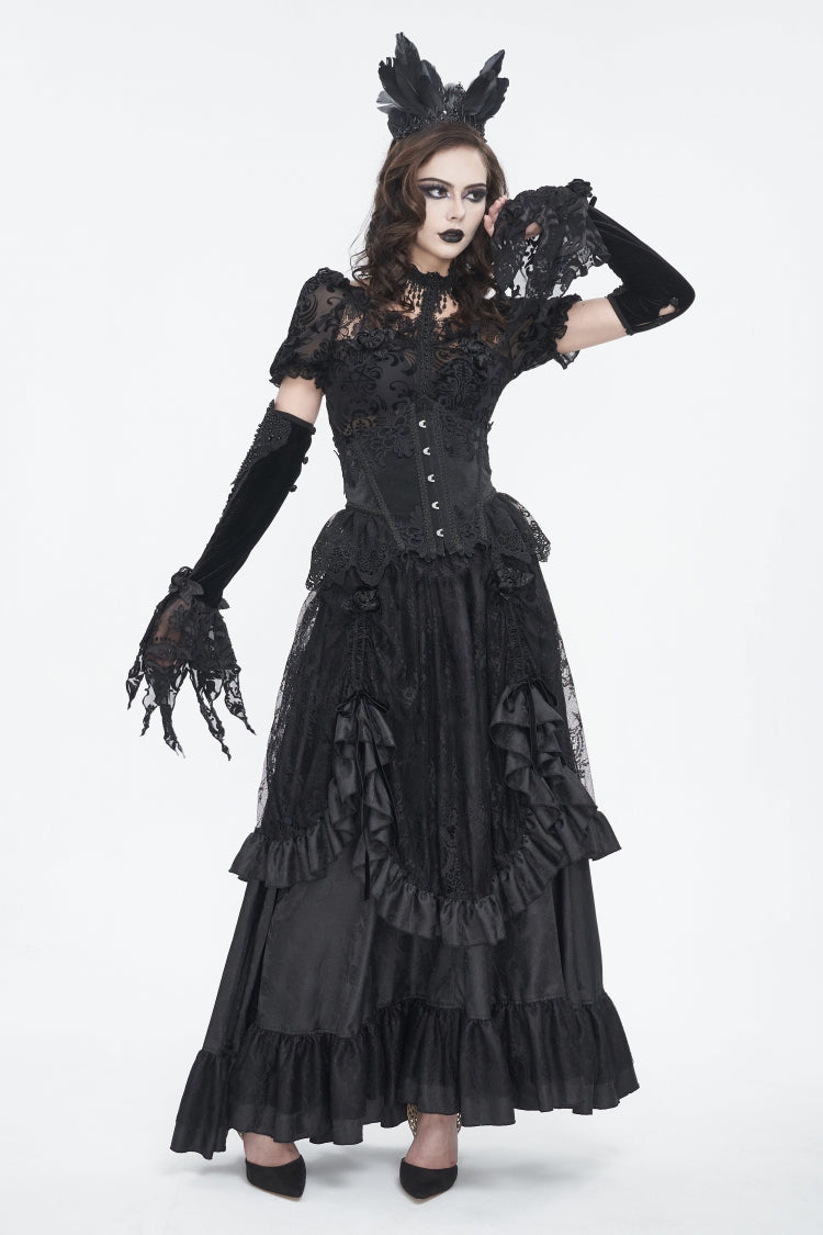 Black Embroidered Patchwork Lace Lace-Up Slim Fit Mesh Eyelet Women's Gothic Luxurious Royal Underbust Corset - Product - 4