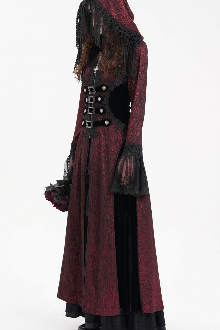 Red Buckle-up Tassels Women's Gothic Jacket with Hood - Product - 4
