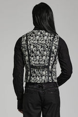 White/Black Contrast Sleeveless Skulls Print Jacquard Hollow Mens Gothic Vest - Product - 3