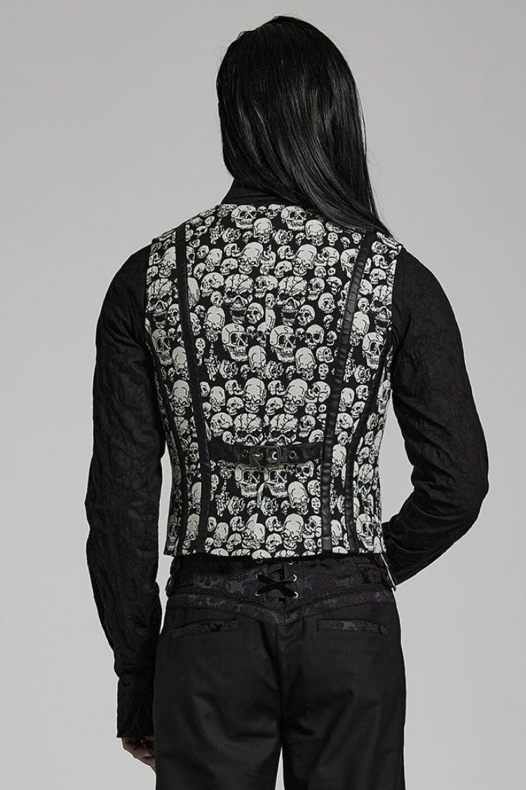 White/Black Contrast Sleeveless Skulls Print Jacquard Hollow Mens Gothic Vest - Product - 3