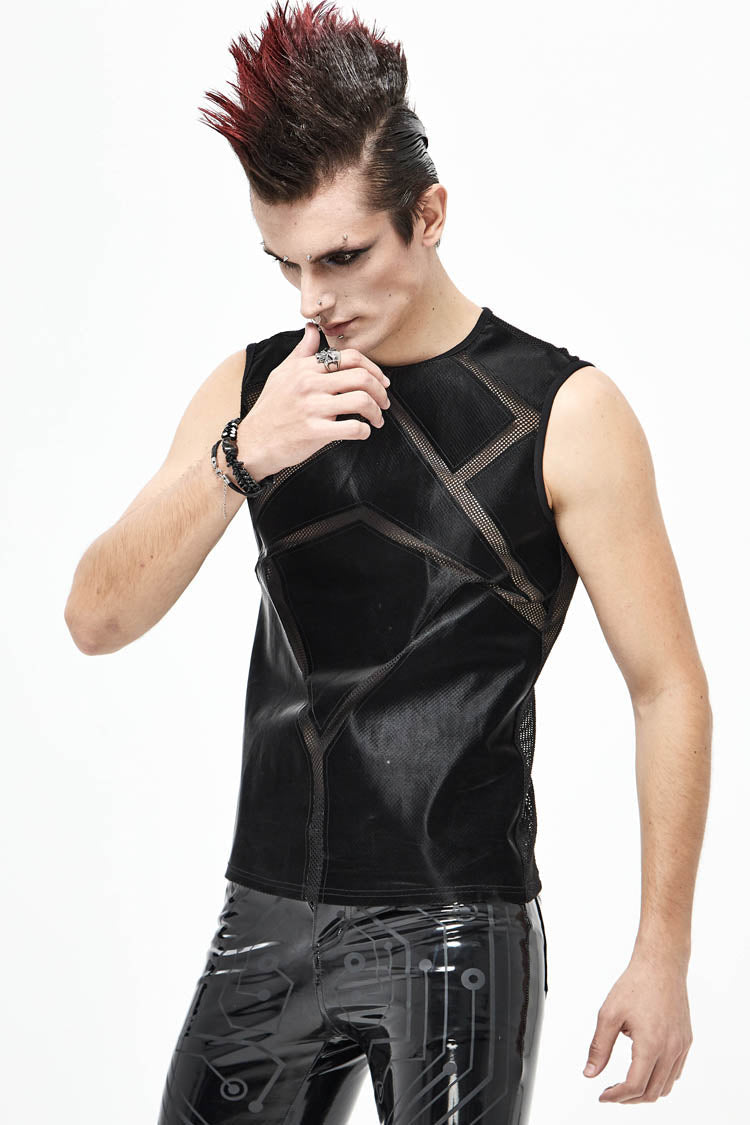 Black Shiny Knits Splice Armor Modeling Mesh Men's Punk Vest - Product - 2