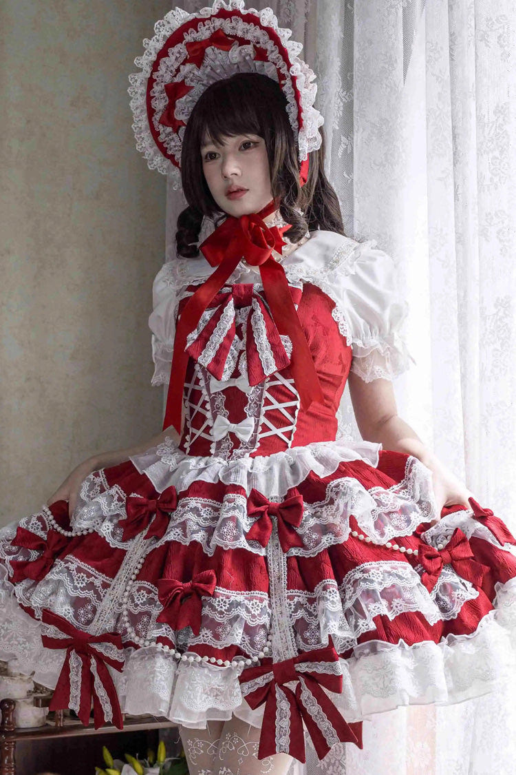 Red [Small Cakes] Sleeveless Multi-Layered Ruffle Bowknot Lace Sweet Lolita Jsk Dress - Product - 2