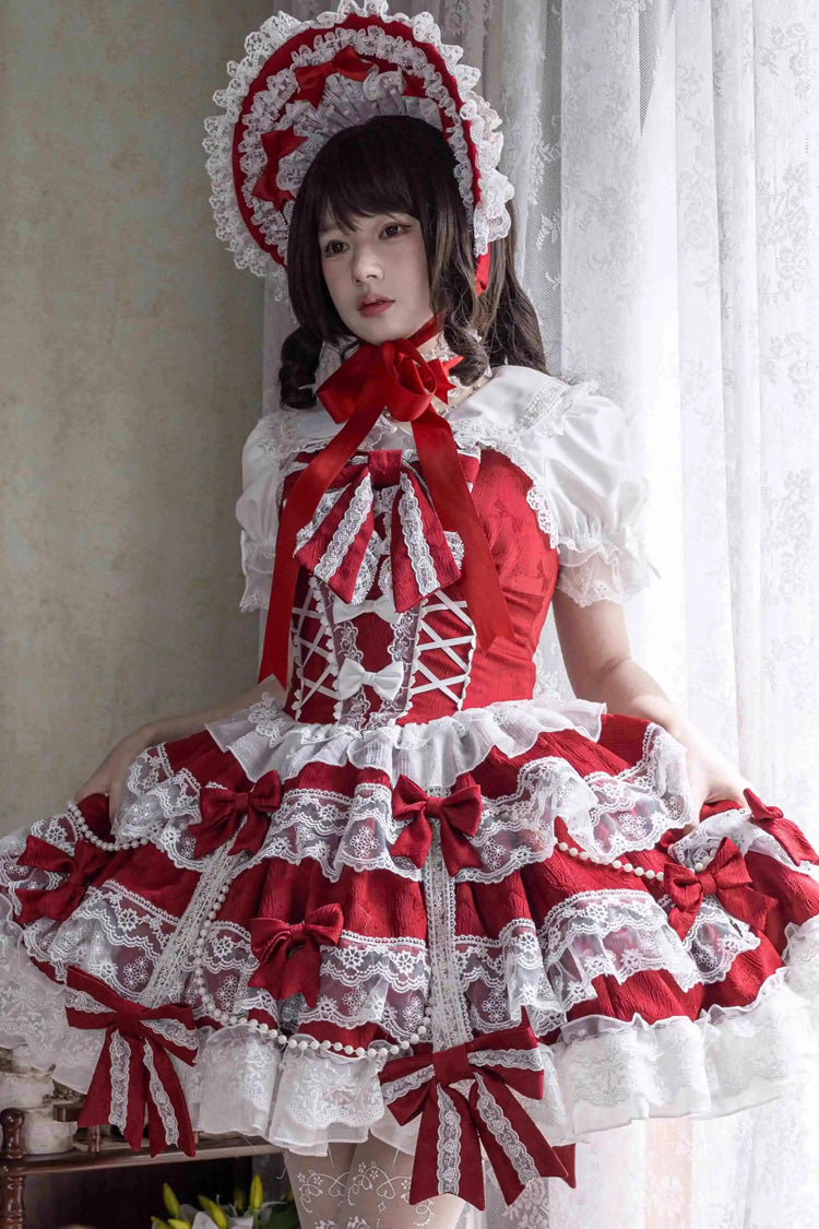 Red [Small Cakes] Sleeveless Multi-Layered Ruffle Bowknot Lace Sweet Lolita Jsk Dress - Product - 2