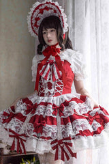 Red [Small Cakes] Sleeveless Multi-Layered Ruffle Bowknot Lace Sweet Lolita Jsk Dress - Product - 2