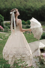 Apricot [Fantasy Butterfly] Triple-Layered Ruffle Embroidery Bowknot Lace Sweet Princess Lolita Jsk Dress - Product - 10