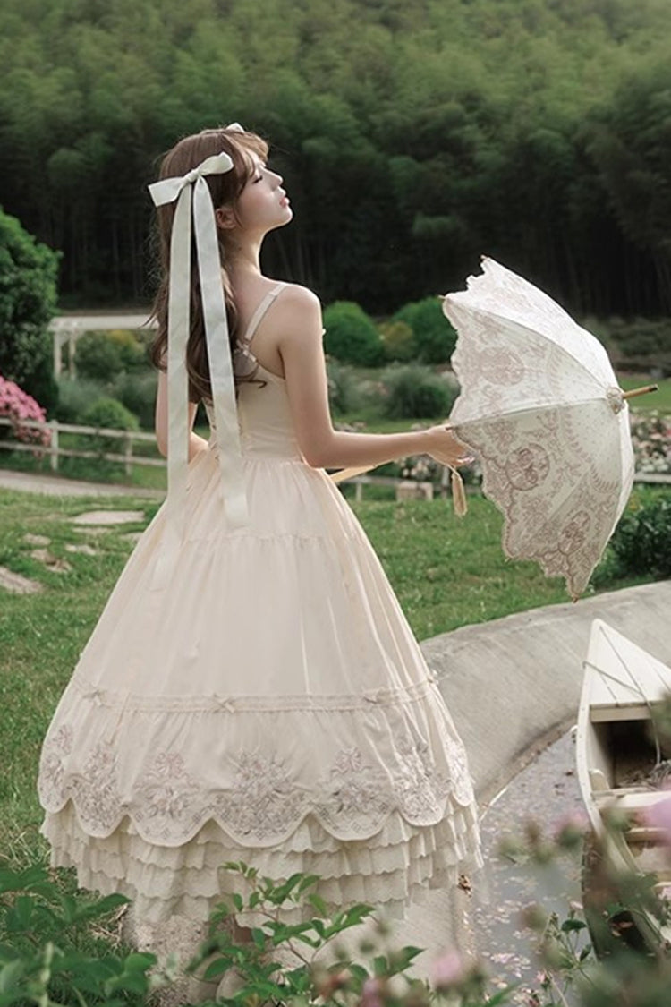 Apricot [Fantasy Butterfly] Triple-Layered Ruffle Embroidery Bowknot Lace Sweet Princess Lolita Jsk Dress - Product - 10
