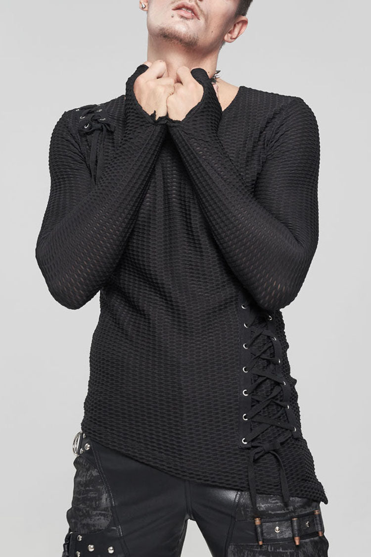 Black Gothic Asymmetry Drawstring Decoration Coarse Net Men's Shirt - Black - 1