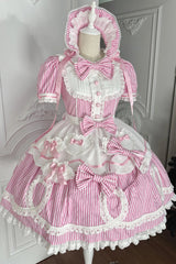 [A Day as a Candy Shop Owner] Peter Pan Collar Short Sleeves Printed Bow Sweet Lolita Dress 3 Colors (Red, Blue, Pink) - Product - 9