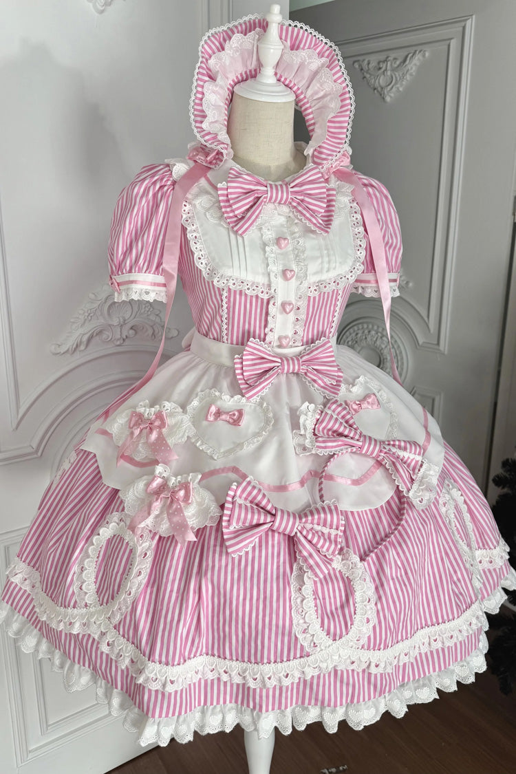 [A Day as a Candy Shop Owner] Peter Pan Collar Short Sleeves Printed Bow Sweet Lolita Dress 3 Colors (Red, Blue, Pink) - Product - 9