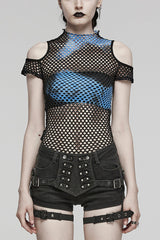 High Collar Hollow Stitching Tie-dyed Off-The-Shoulder Womens Steampunk T-Shirt 3 Colors - Blue/Black - 8