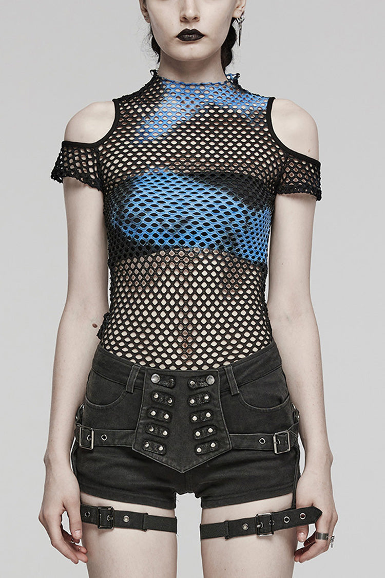 High Collar Hollow Stitching Tie-dyed Off-The-Shoulder Womens Steampunk T-Shirt 3 Colors - Blue/Black - 8