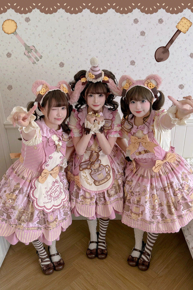 Pink [Teddy Bear Cookie] Strawberry Cream Puff Dessert Printed Bow Plus Size Sweet Lolita Dress Set 3 Versions - OP-Dress+Apron+KC - 1