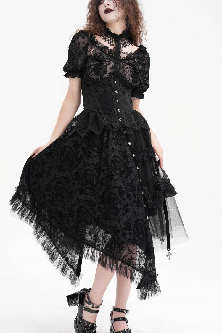 Black Jacquard Cut-Out Lace Asymmetric Pleated Women's Gothic Luxurious Skirt - Product - 6