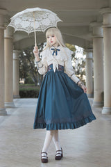 Blue Ruffle Embroidery Lace-Up Sweet College Style Elegant Lolita Skirt - Product - 9