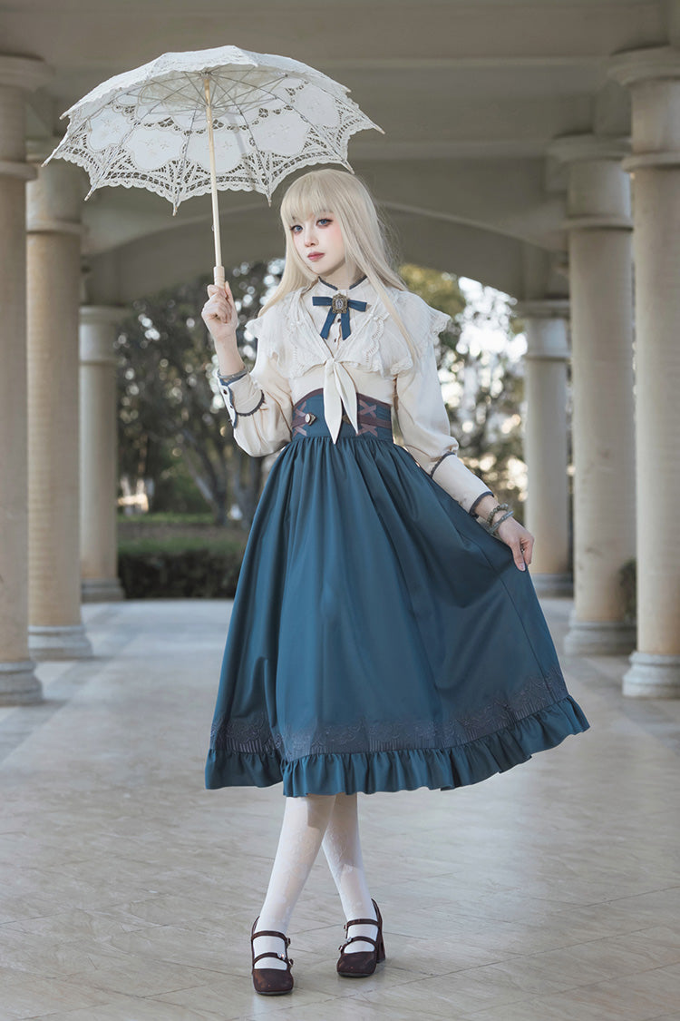Blue Ruffle Embroidery Lace-Up Sweet College Style Elegant Lolita Skirt - Product - 9