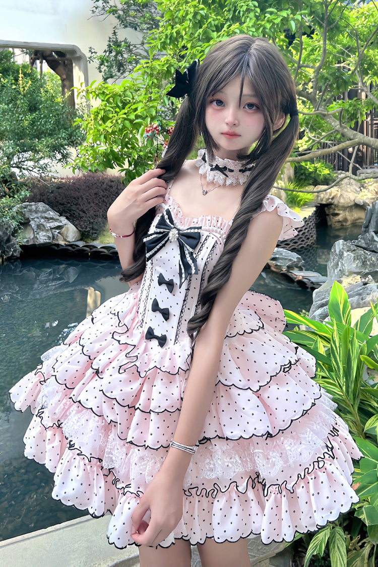 Pink Sleeveless Multi-Layered Polka Dots Printed Ruffled Bow Sweet Princess (Dress Only) detail view 2
