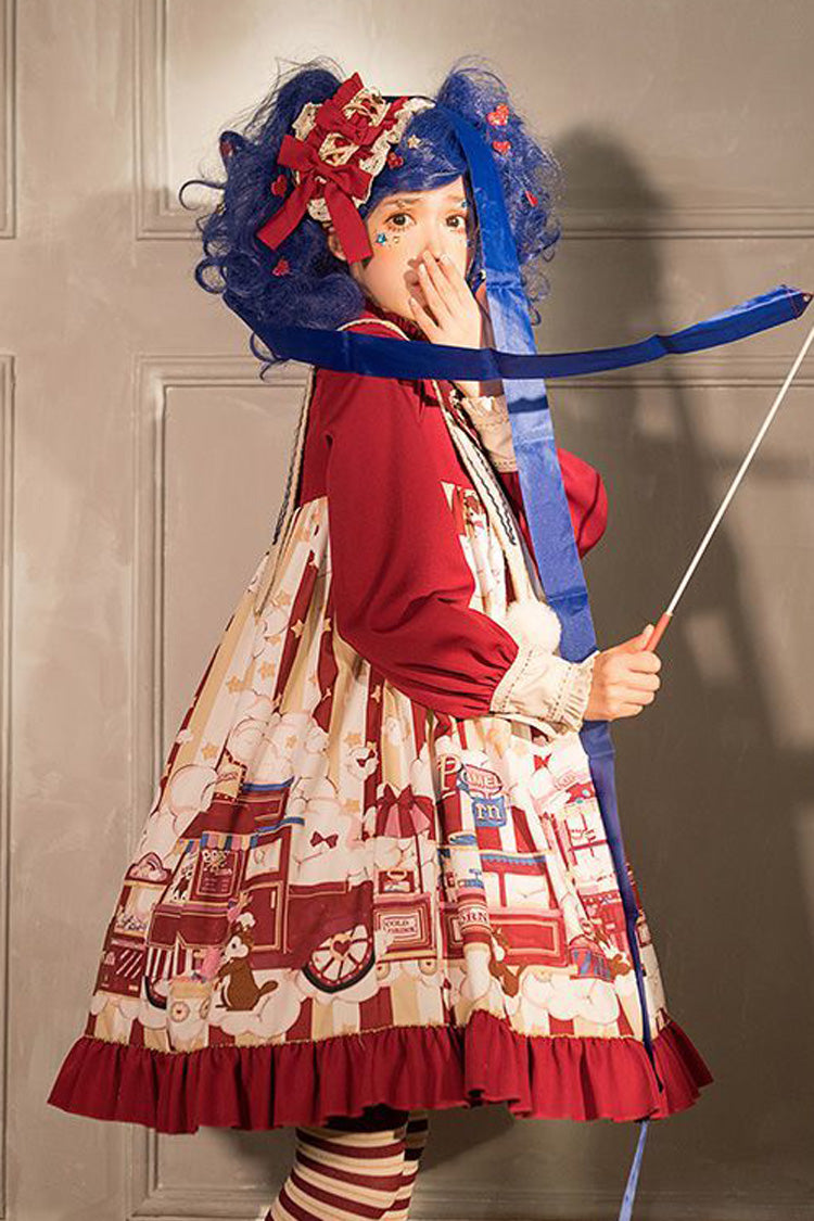 Red Lapel Collar Bowknot Lantern Long Sleeved Popcorn Print Sweet Lolita OP Dress - Product - 5