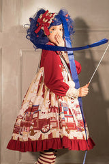Red Lapel Collar Bowknot Lantern Long Sleeved Popcorn Print Sweet Lolita OP Dress - Product - 5