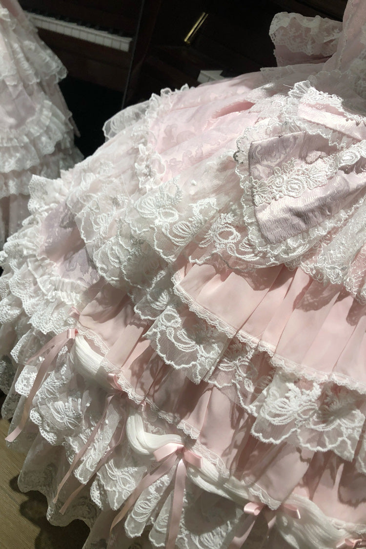Pink [Eternal Floral Message] Square Collar Sleeveless Multi-Layered Hanayome Embroidered Bow Lace Sweet Lolita Jsk Dress - Product - 6