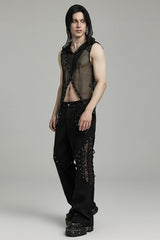 Black Stitching Lace-Up Mesh Men's Gothic Flared Pants - Product - 4