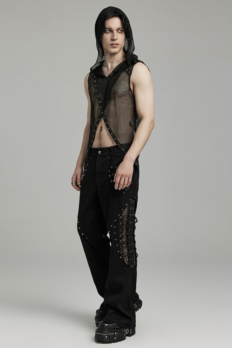 Black Stitching Lace-Up Mesh Men's Gothic Flared Pants - Product - 4