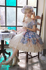 [Angel Heart Sky Oil Painting] Print Ruffle Cardigan Bowknot Sweet Princess Lolita Dress 3 Colors - Product - 14