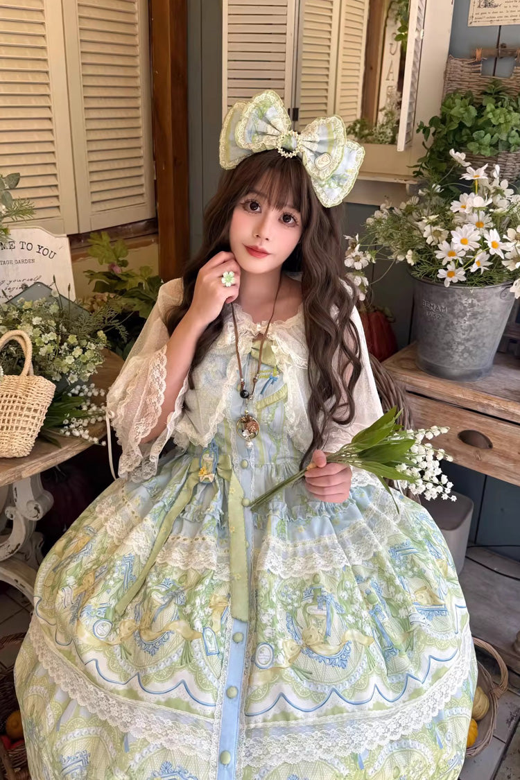 Blue/Green [Lily of the Valley Perfume] Pearl Candy Tea Doll Collar Sleeveless Printed Lace Plus Size Sweet Lolita Jsk Dress - Product - 5