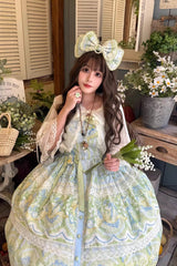 Blue/Green [Lily of the Valley Perfume] Pearl Candy Tea Doll Collar Sleeveless Printed Lace Plus Size Sweet Lolita Jsk Dress - Product - 5