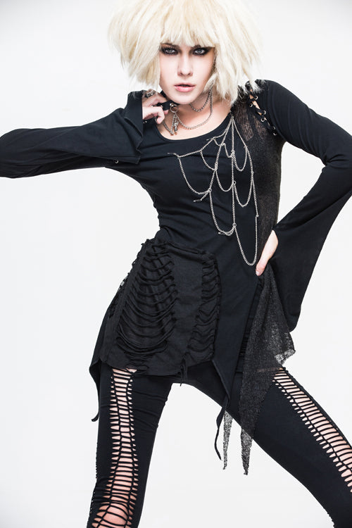 Black Sexy Asymmetrically Broken Holes Spiderweb Shape Chains Women Punk T-Shirt - Product - 4