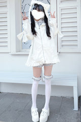 White Long Sleeves Cat Ears and Tail  Ruffle Bowknot Hooded Gothic Jirai Kei Coat - White - 1