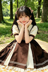 Brown Lapel Collar Short Sleeves Ruffled Open-Front Bow Sweet Plus Size Lolita Dress - Product - 4