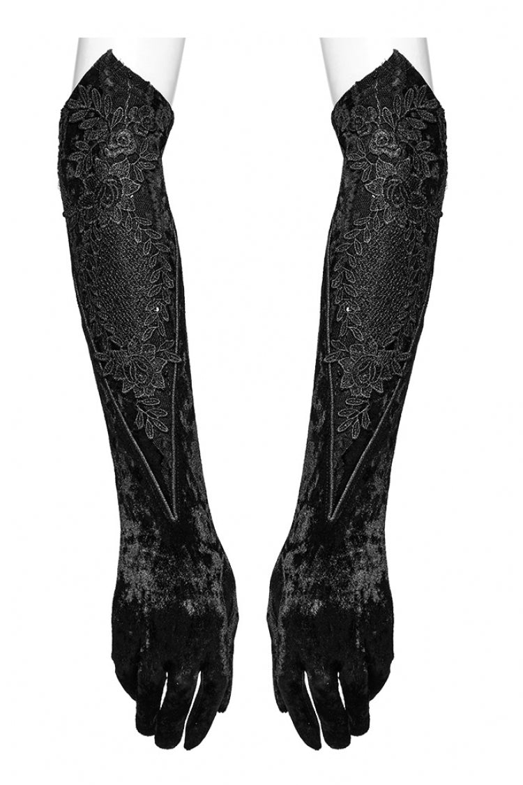 Black Floral Embroidery Lace-Up Women's Gothic Gloves - Product - 4