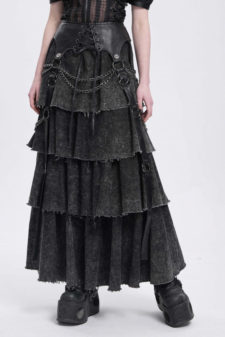 Black Multi-Layered Lace-Up Chain Women's Punk Skirt - Black - 1