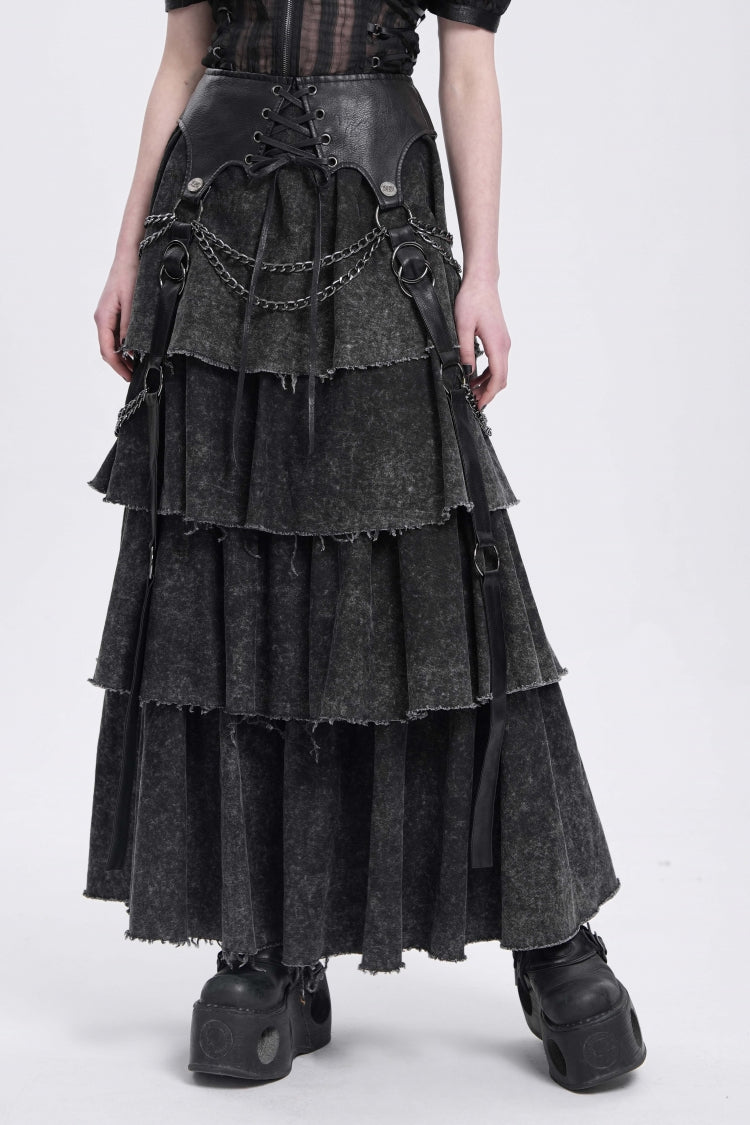 Black Multi-Layered Lace-Up Chain Women's Punk Skirt - Black - 1