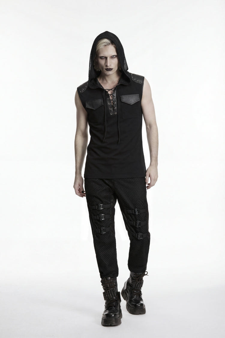Black Spliced Lace-Up Hooded Studded Men's Punk Cool Vest - Product - 5
